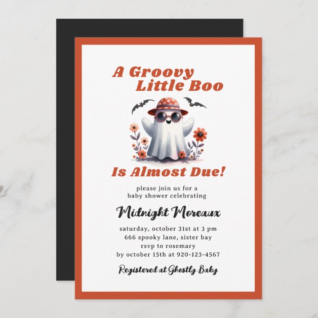 Convite Groovy Little Boo Quase Devido Chá de fraldas (Frente/Verso)