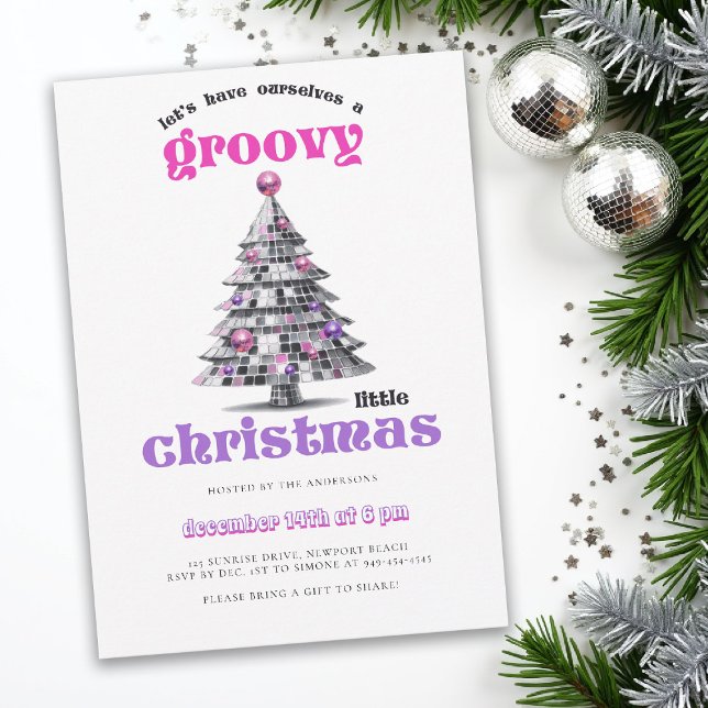 Convite Groovy Little Christmas Disco Ball Christmas Party (christmas party invitation corporate business disco tree groovy 70s hot pink black elegant fun)