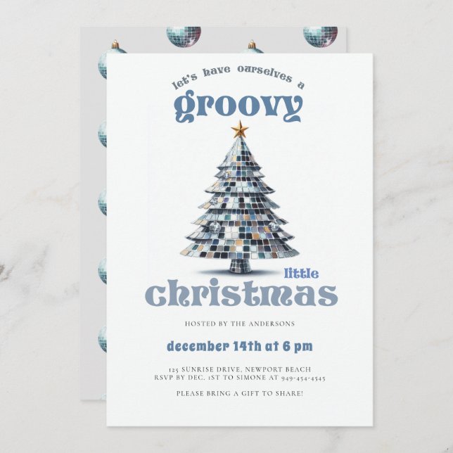 Convite Groovy Little Christmas Disco Blue Christmas Party (Frente/Verso)