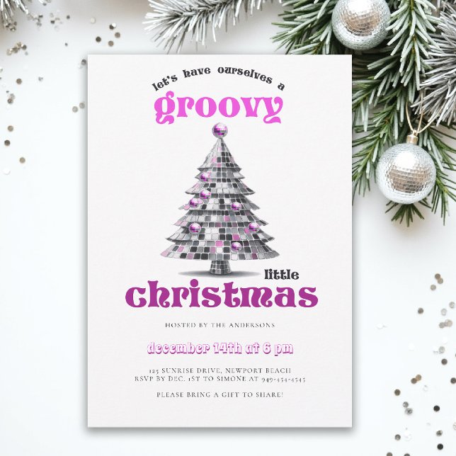 Convite Groovy Little Christmas Disco Pink Christmas Party (christmas party invitation corporate business disco groovy 70s hot pink black elegant fun tree)