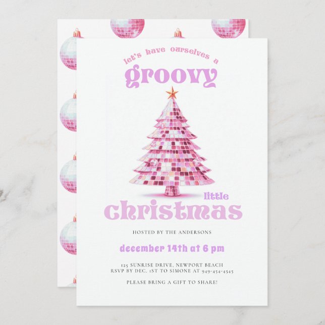 Convite Groovy Little Christmas Disco Pink Christmas Party (Frente/Verso)