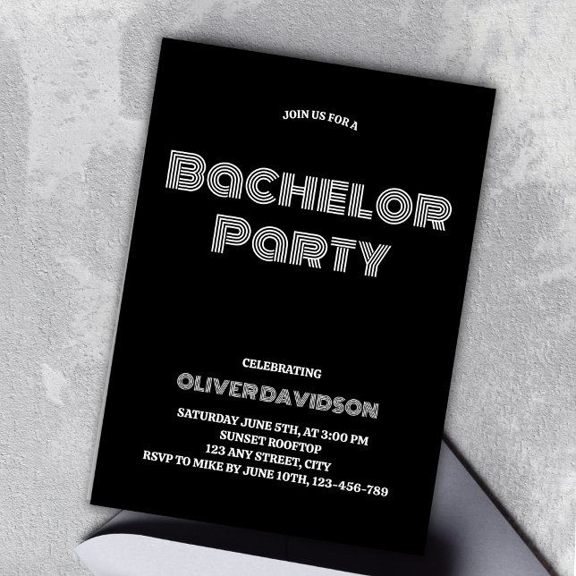 Convite Groovy Na moda Black Bachelor Party (Groovy Stylish Black Bachelor Party Invitation)