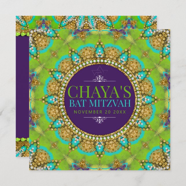 Convite Groovy Neon Glamor Bat Mitzvah (Frente/Verso)