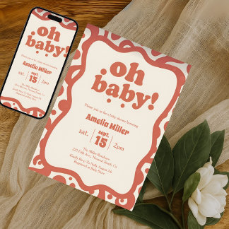 Convite Groovy Oh Baby Shower | Retro 70s Terracotta 