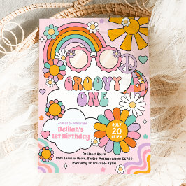 Convite Groovy One 70s Flor Festa de aniversário Arco-Íris