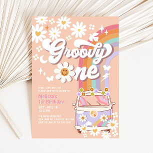 Convite Groovy ONE Aniversário de 1 ano Hippie 70's Retro
