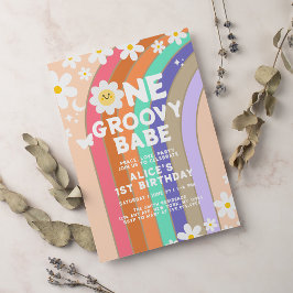 Convite Groovy One boho daisy arco-íris primeiro aniversár