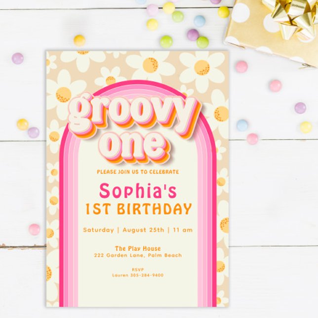 Convite Groovy One Boho Daisy Rainbow primeiro aniversario (Criador carregado)