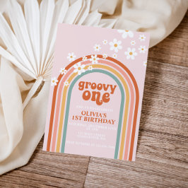 Convite Groovy One boho margarida arco-íris primeiro anive