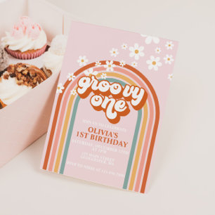 Convite Groovy One boho margarida arco-íris primeiro anive