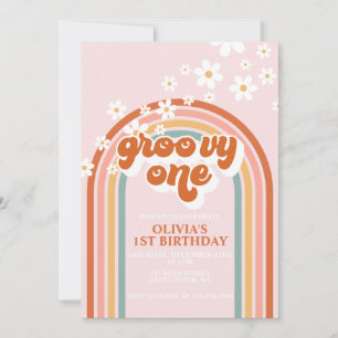 Convite Groovy One boho margarida arco-íris primeiro anive