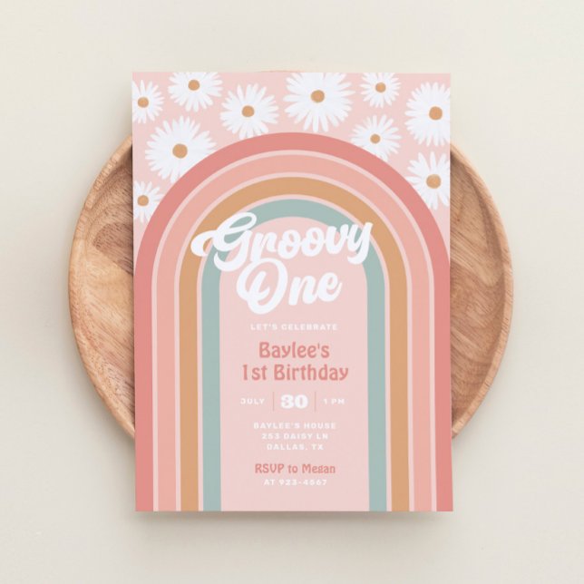 Convite Groovy One Boho Retro Daisy Party - primeiro anive (Criador carregado)