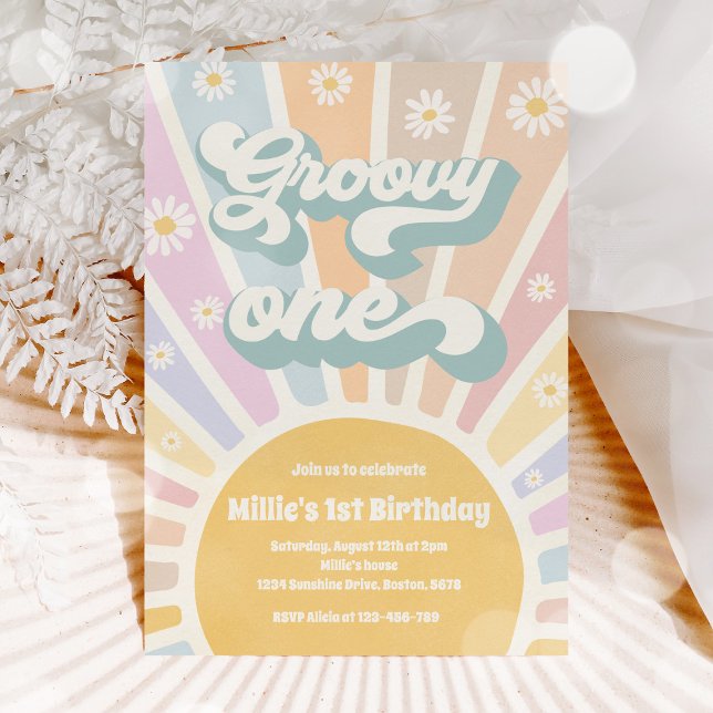 Convite Groovy One Boho Sunshine Daisy Festa de aniversári (Criador carregado)