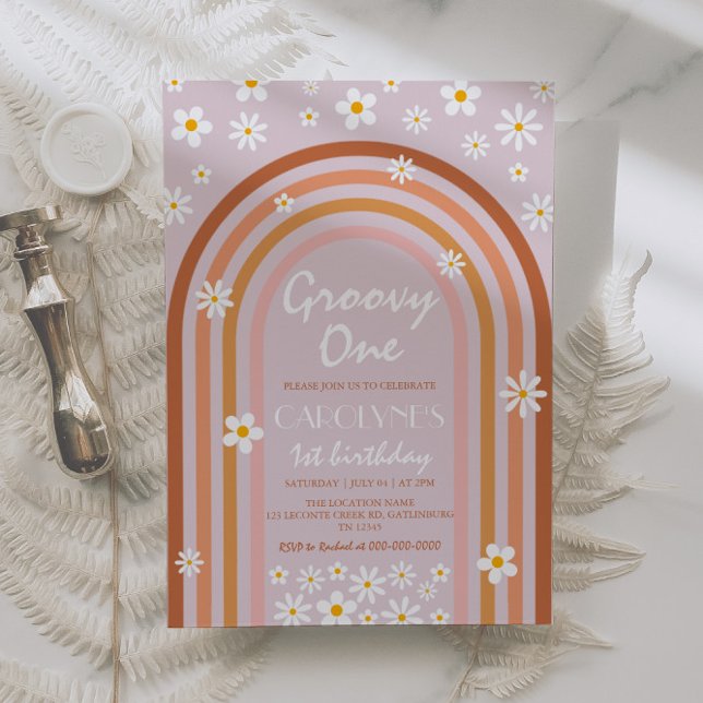 Convite Groovy One Daisy Boho primeiro aniversario Arco-Ír (Criador carregado)
