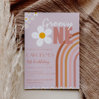 Convite Groovy One Daisy Boho Rainbow Primeiro Aniversário
