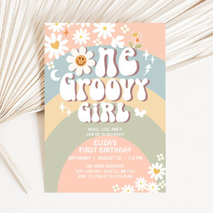 Convite Groovy ONE Daisy Hippie 70's Retro primeiro aniver
