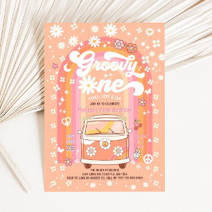 Convite Groovy ONE Daisy Peach Arco-íris 1º Aniversário