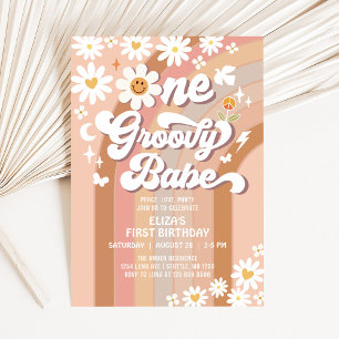 Convite Groovy ONE Daisy Rainbow Bege 1º Aniversário