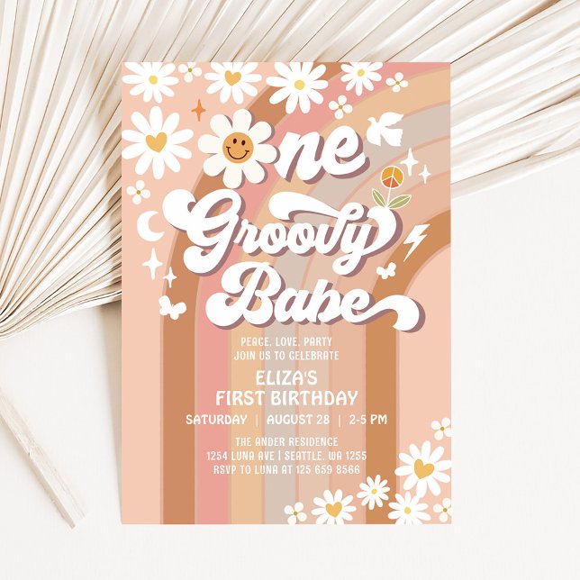 Convite Groovy ONE Daisy Rainbow Bege 1º Aniversário (Criador carregado)