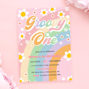 Convite Groovy One Daisy Rainbow - Partido do primeiro ani