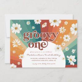 Convite Groovy One First Birthday | Retro Daisy Rainbow