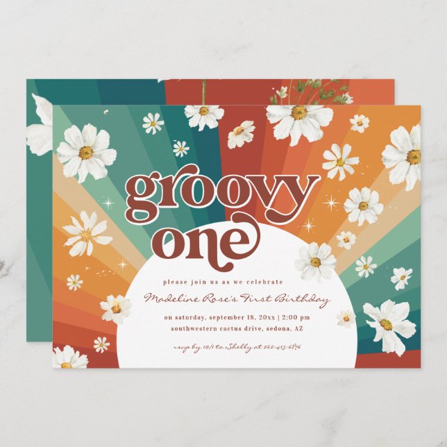 Convite Groovy One First Birthday | Retro Daisy Rainbow (Frente/Verso)