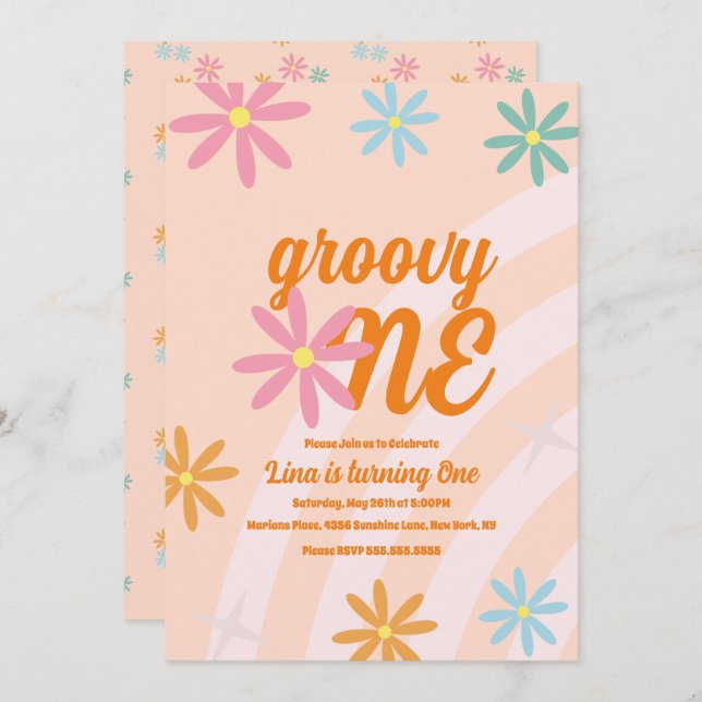 Convite Groovy One Floral First Birthday Retro Party (Frente/Verso)