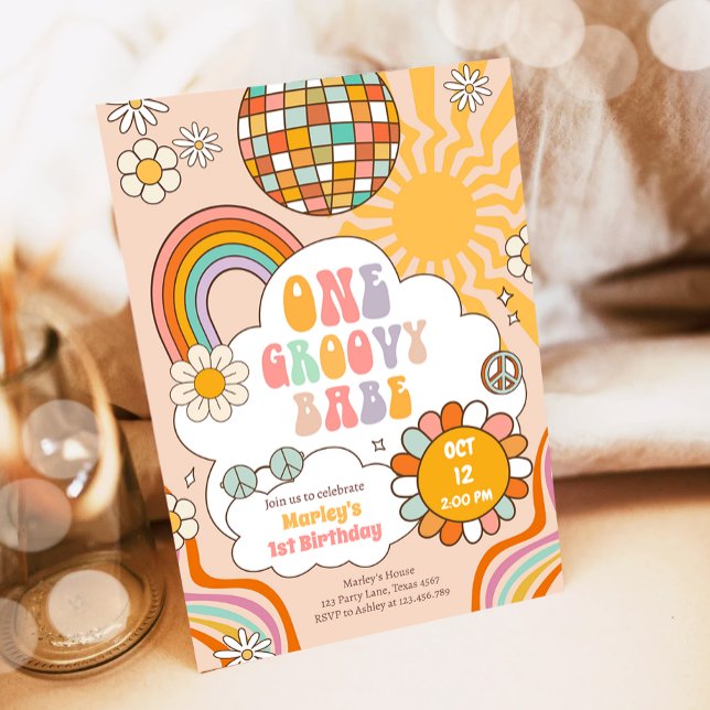 Convite Groovy One Girl Retro 70s primeiro aniversario Arc (Criador carregado)