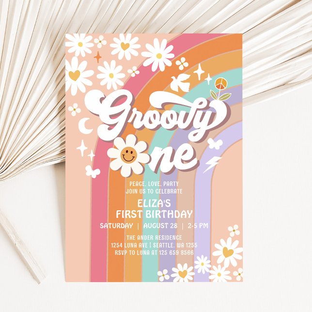 Convite Groovy ONE Hippie Aniversário Retro Arco-íris dos  (Criador carregado)