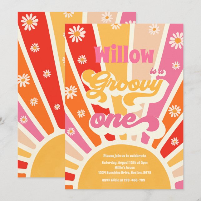 Convite Groovy One Hippie primeiro aniversario Sunshine Da (Frente/Verso)