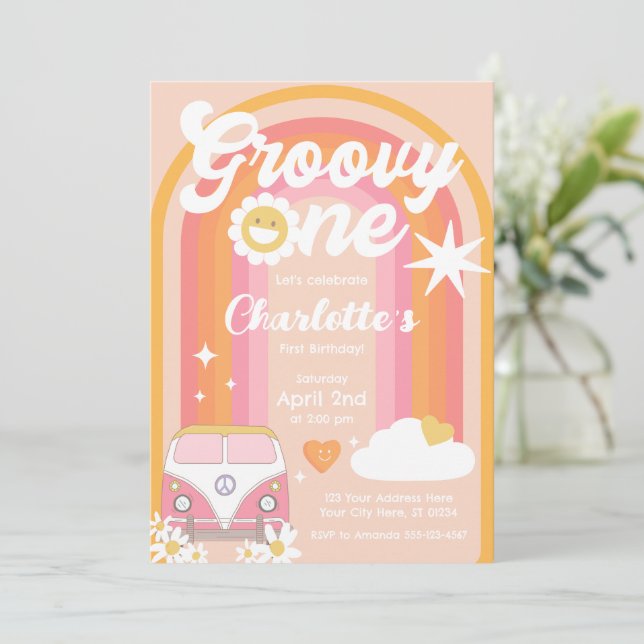 Convite Groovy One Invitation, Groovy Birthday (Em pé/Frente)