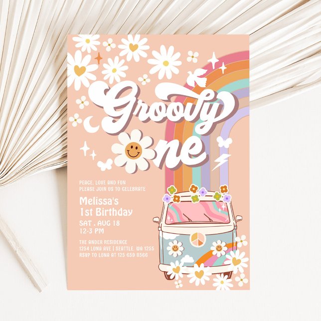 Convite Groovy ONE Margarida Arco-íris Hippie 70's 1º Aniv (Criador carregado)