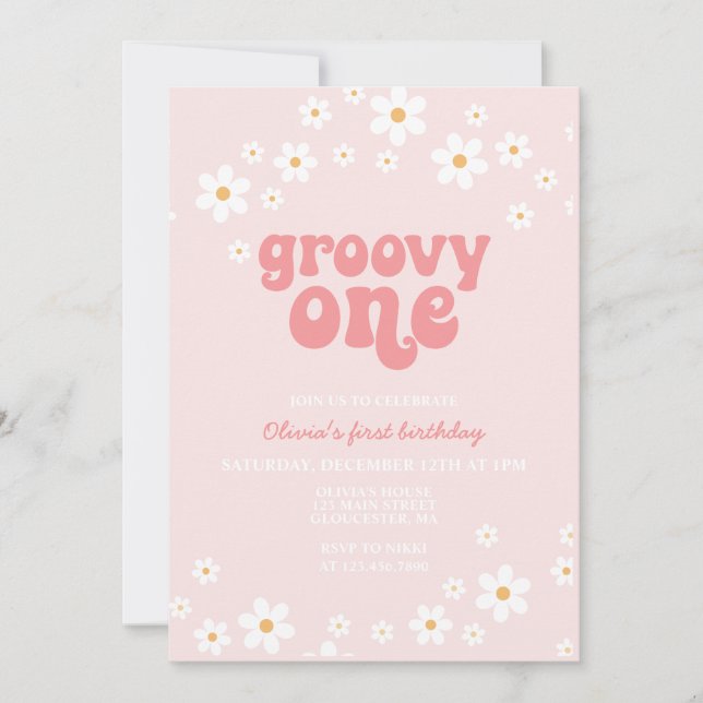 Convite Groovy One margarida boho floral primeiro aniversá (Frente)