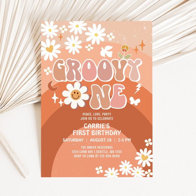 Convite Groovy ONE Margarida Hippie 70's Retrô 1º Aniversá (Criador carregado)
