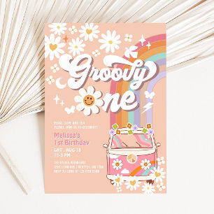 Convite Groovy ONE Pink Daisy Rainbow Hippie primeiro aniv