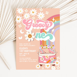 Convite Groovy ONE Pink Daisy Rainbow Van Aniversário de 1