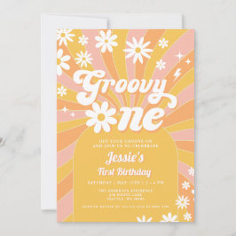 Convite Groovy One Pink Daisy Sunshine primeiro aniversari