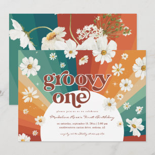 Convite Groovy One Primeiro Aniversário Retrô Daisy Arco