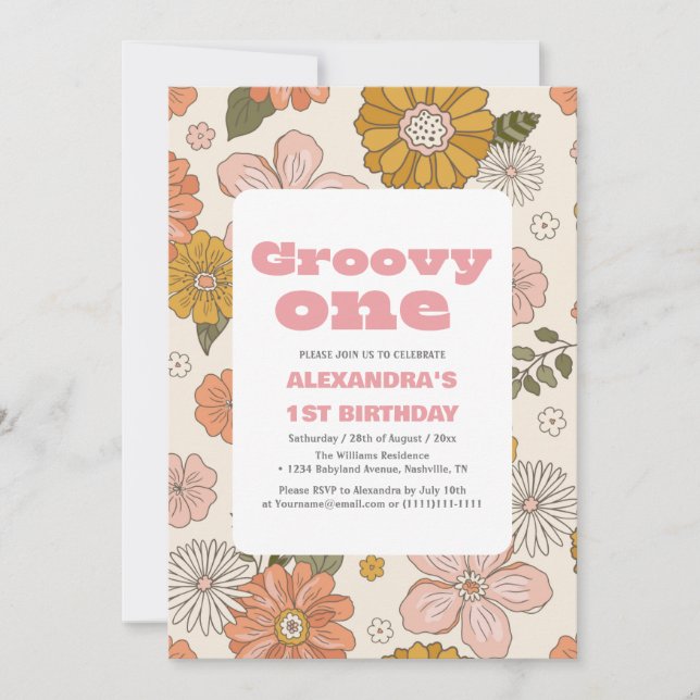 Convite Groovy one primeiro aniversario Retro-Flor (Frente)
