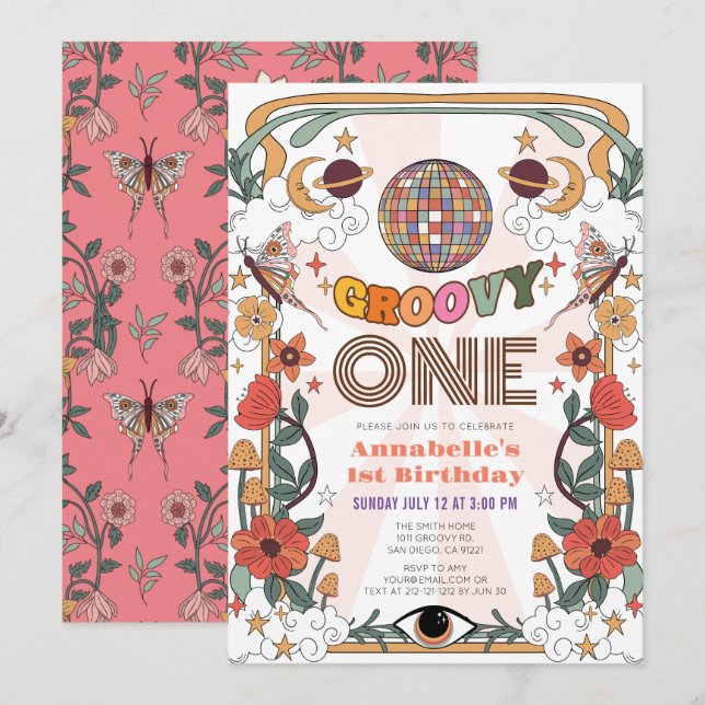 Convite Groovy One Psychedelic Retro Girl primeiro anivers (Frente/Verso)