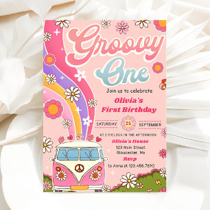 Convite Groovy One Rainbow Floral Party