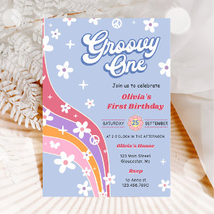 Convite Groovy One Rainbow Floral Party