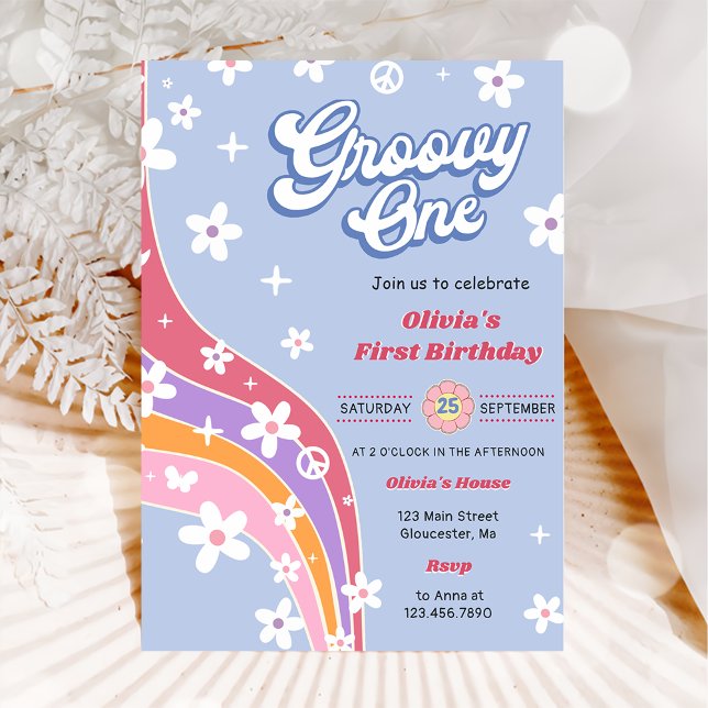 Convite Groovy One Rainbow Floral Party (Criador carregado)