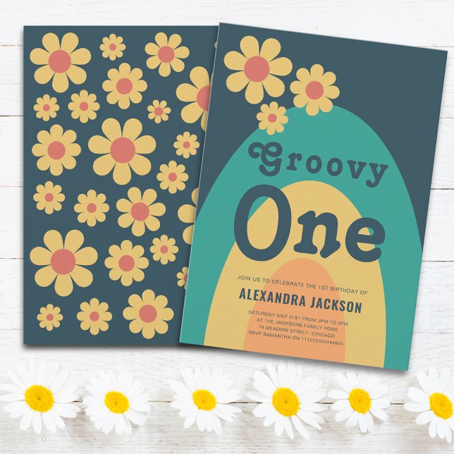 Convite Groovy One Retro Boho Festa de 1º Aniversário (Groovy one daisy arch 1st birthday party invitation)