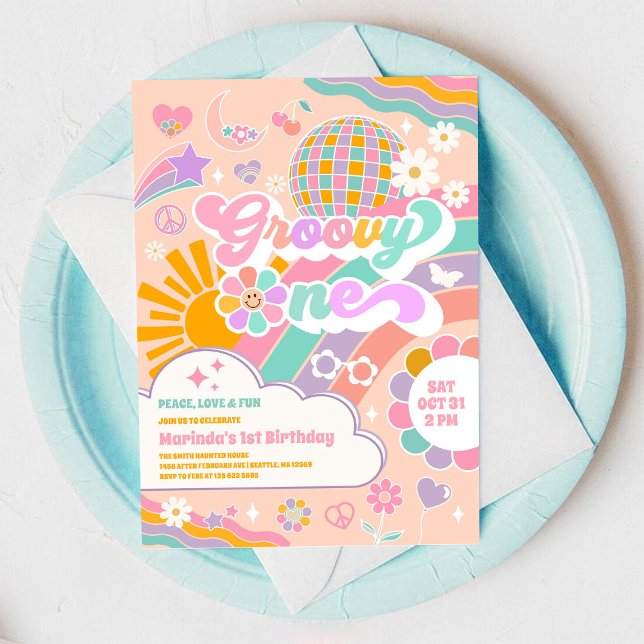 Convite Groovy One Retro Daisy 1st Birthday Invitation (Criador carregado)