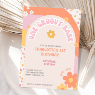 Convite Groovy One Retro Daisy Arco-íris Menina Primeiro A
