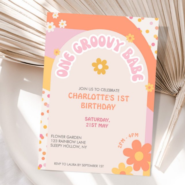 Convite Groovy One Retro Daisy Arco-íris Menina Primeiro A (Criador carregado)
