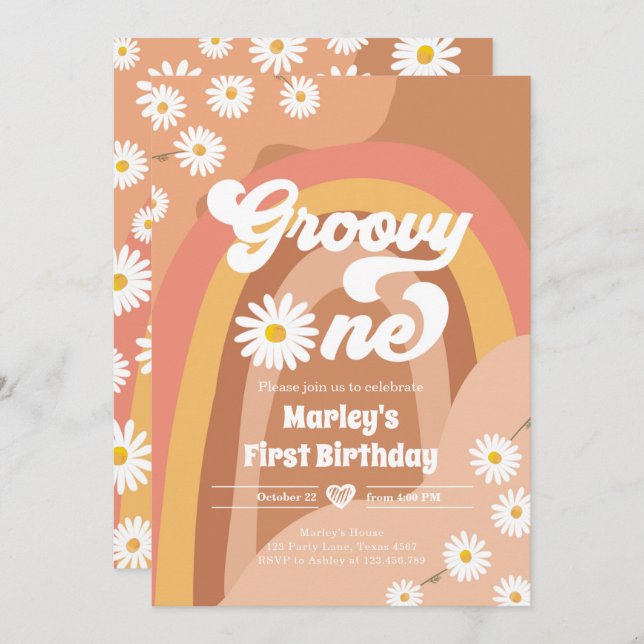 Convite Groovy One Retro Daisy Boho Hippie Primeiro Aniver (Frente/Verso)