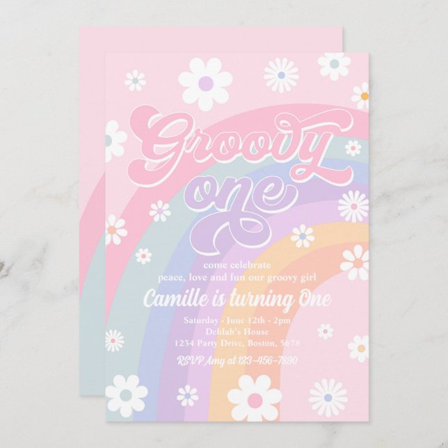 Convite Groovy One Retro Daisy Pastel Rainbow Aniversário (Frente/Verso)