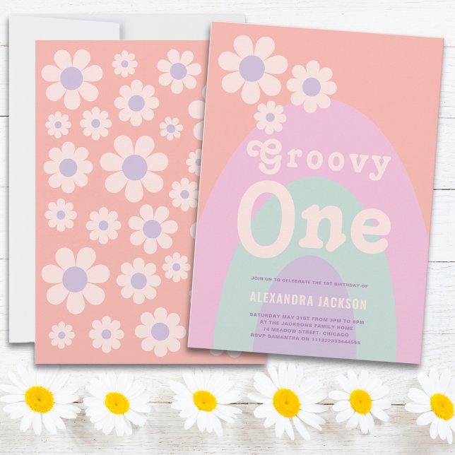 Convite Groovy One Retro Daisy Rainbow Party - Festa do pr (Groovy one daisy arch pastel 1st birthday party invitation )